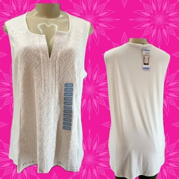 RXB L White Lace Split Neckline Rayon Blend Step-Hem Sleeveless Top - Picture 1 of 7